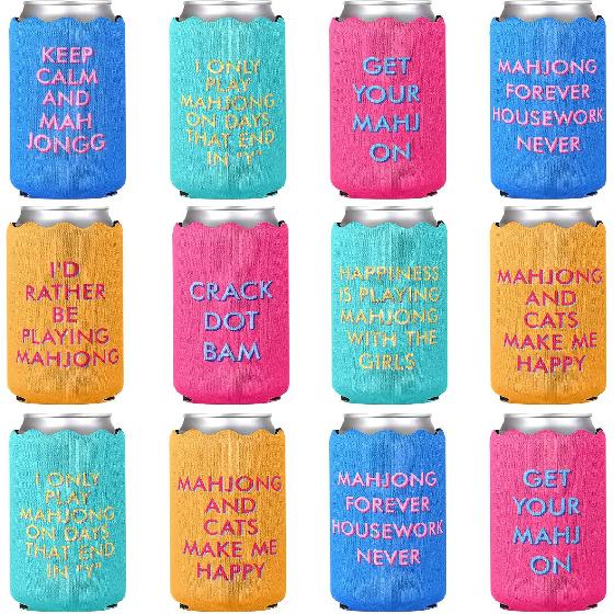 Chengu 12 Pcs Mahjong Party Can Coolers Sleeves with Funny Sayings Colorful Wavy Edges Can Coolers for Soda & Beer Game Night Mahjong Accessories