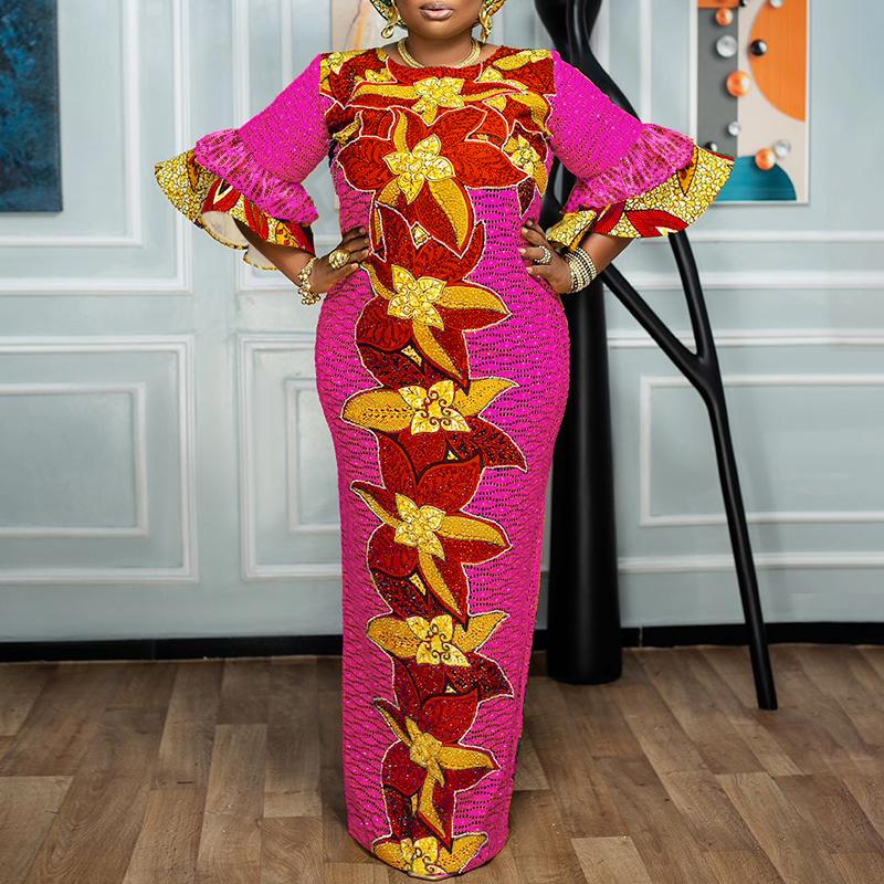 Женские платья больших размеров с круглым вырезом, расклешенные, с длинным рукавом, с принтом