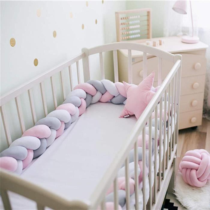 3M Tour de Lit Coussin Serpent Coussin Tressé Pare-chocs Velours Protection Bébé (Gris blanc rose)