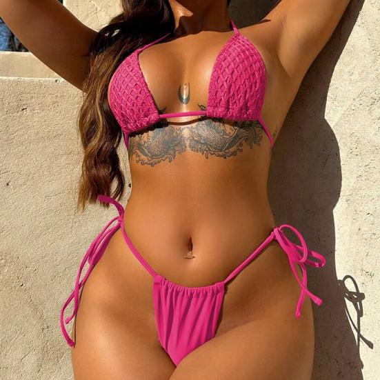 3Pcs/Set Women Sexy Bikini Set Solid Color Halter Bra Lace-up Thong Hollow Out Skirt Set Swimwear Beachwear