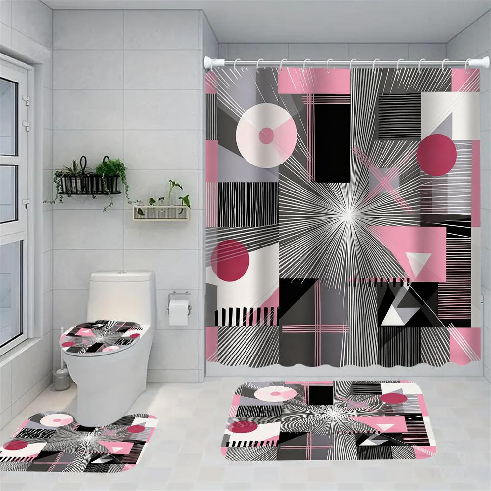 1/4 Geometric grid  print shower Curtains, Toilet Seat Decoration, Shower Curtain with Carpet and Toilet Lid, 70.8x70.8 inch