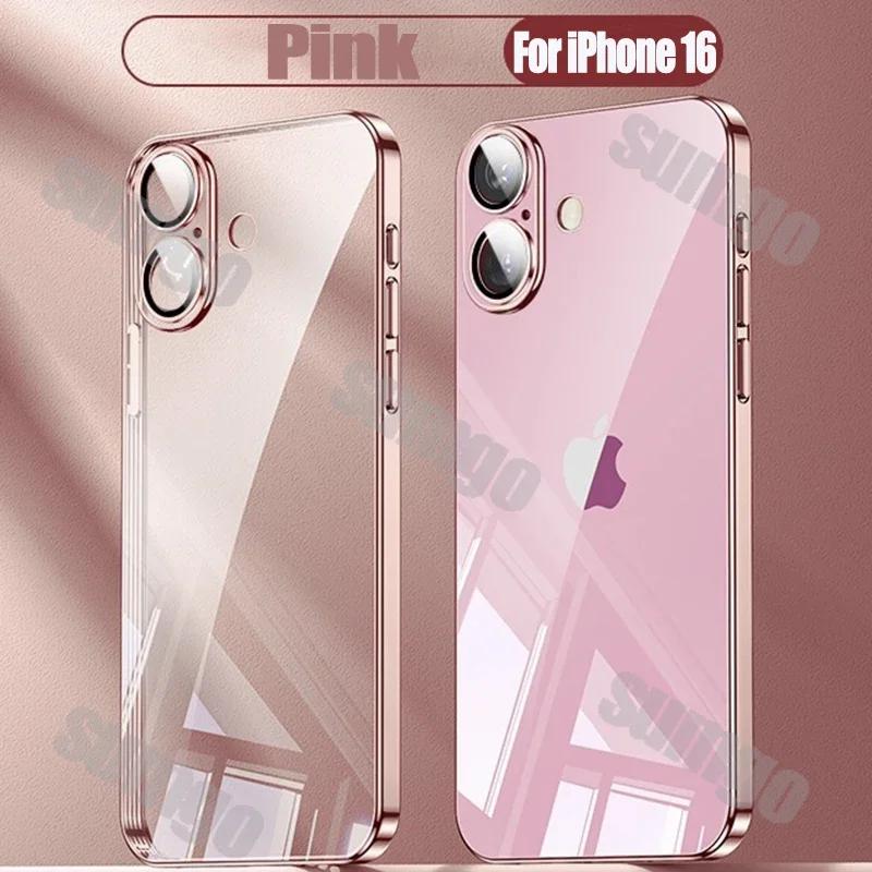 Silicone High Quality Plating Transparent Case For iPhone 16 15 14 13 12 11 Pro Max 16 Plus Lens Protector Shockproof Soft Cover