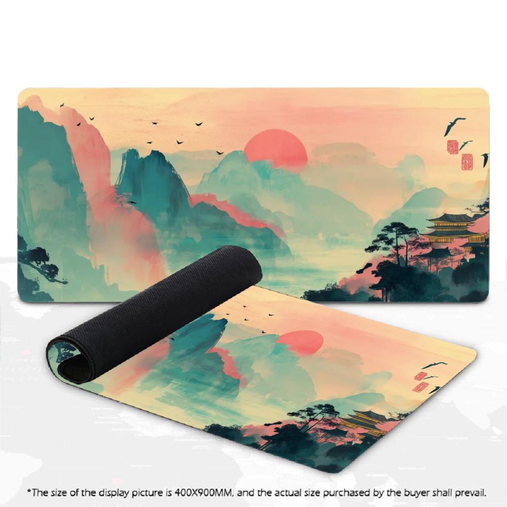 Large XXL Game Mousepad Oriental Ink Painting Mountain Sakura Flower Landscape Deskmat Non-Slip Laptop Keyboard Mouse Mats