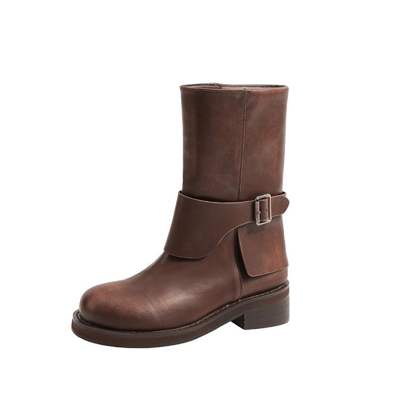 Кожаная Пряжка Ремня Прямые Ботинки Маленькая Толстая Подошва Британские Ретро Ботинки Мартин Вестерн Ботинки Короткие Ботинки Женские Рыцарские Ботинки