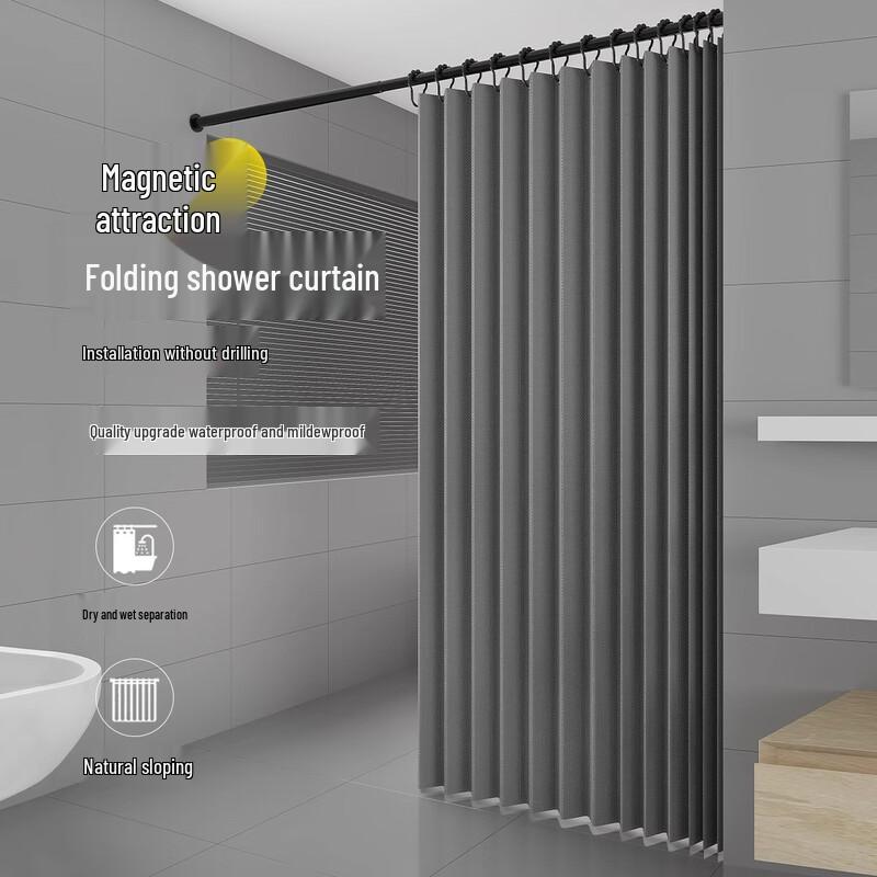 Ansha Magnetic Folding Shower Curtain with Adjustable Rod