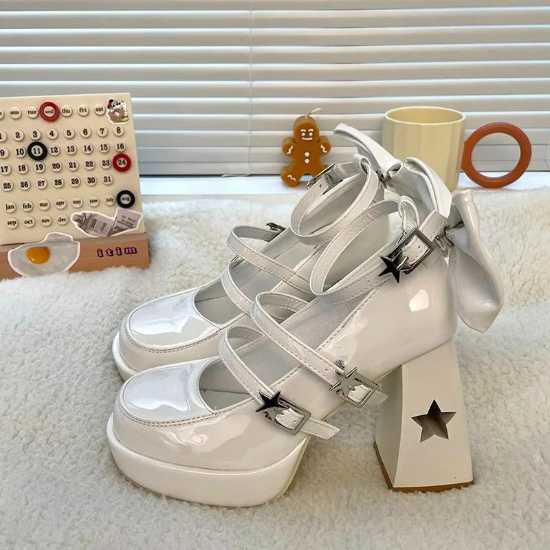 Модные женские туфли на высоком каблуке Весенние панк-туфли на толстом каблуке Мэри Джейн Туфли из лакированной кожи Косплей-туфли Туфли в стиле Лолита с бантом Zapatos Mujer