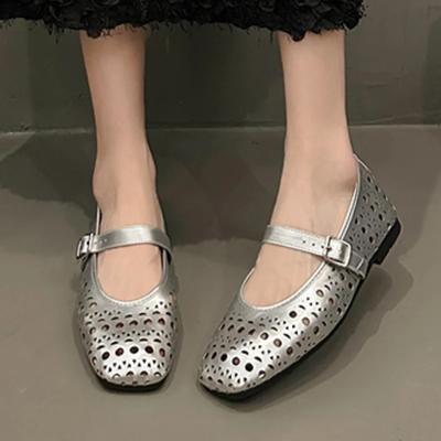 Модная женская обувь 2024 года, женские туфли на плоской подошве с пряжкой, летние туфли с квадратным носком, полые, однотонные, из натуральной кожи, повседневные, удобные, офисные женские туфли