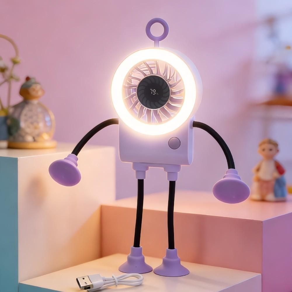 USB Rechargeable Robot Suction Cup Fan Quiet Operation Digital Display Desk Fan 5 Speed Adjustable Flexible Bendable