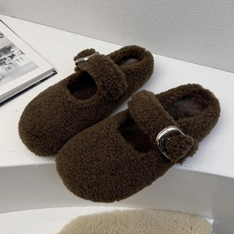 Баотоу пушистые тапочки женские 2025 новые осенне-зимние бархатные теплые тапочки-половинки интернет-знаменитости Мэри Джейн хлопковые туфли
