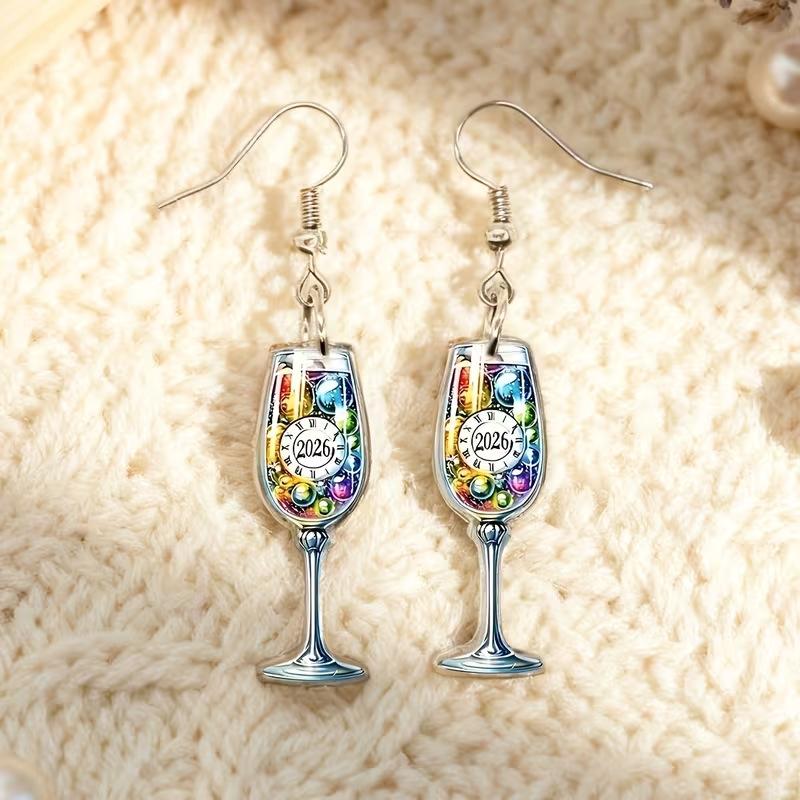 Cross-border new models, colorful 2026 happy new year wine glass earrings 2D acrylic creative New Year's Eve goblet earrings