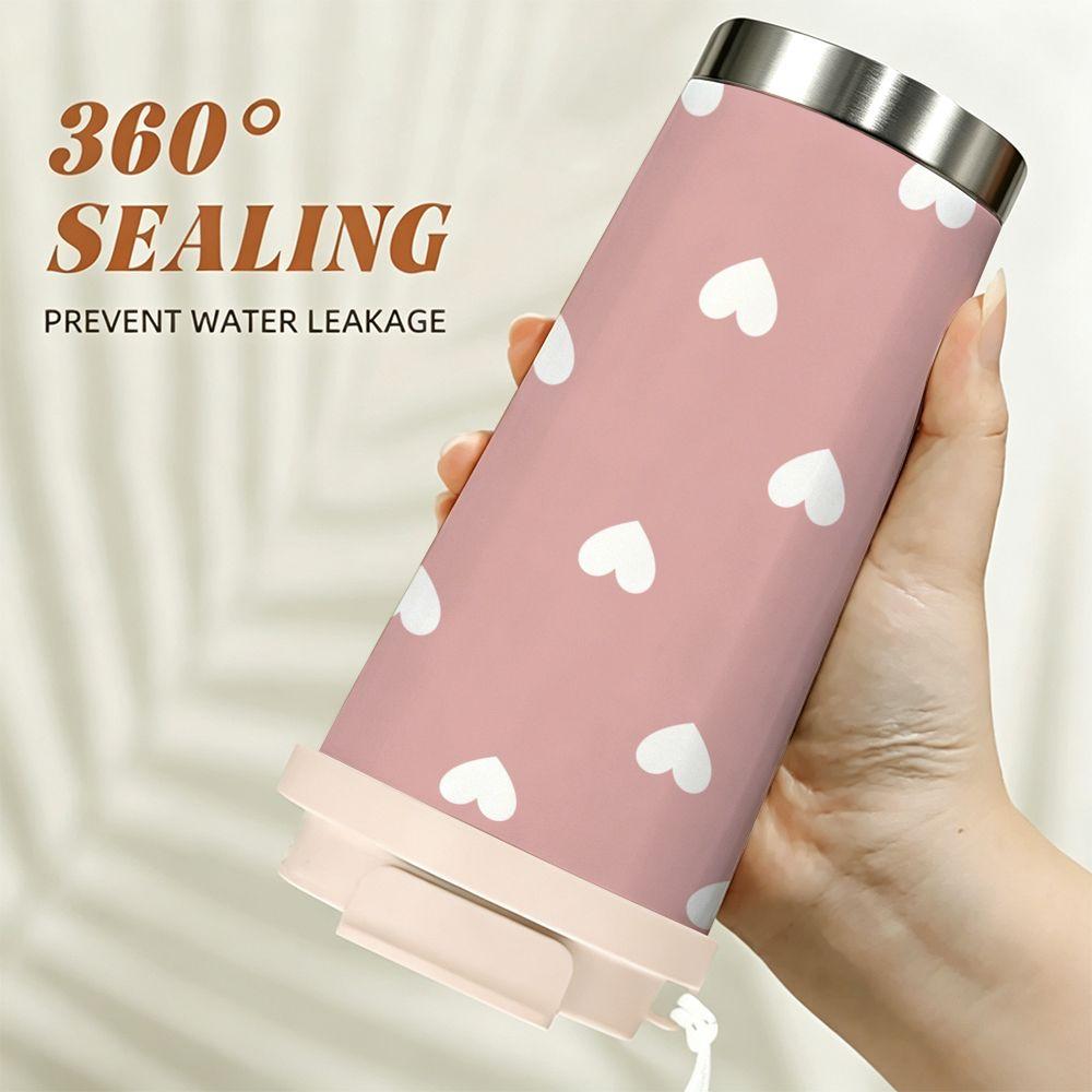 Cute White Heart Pattern Dusty Pink Reusable Insulated Coffee Tumbler, Stainless Steel Vacuum Thermal Mug for Women Girls Gift Office School Travel