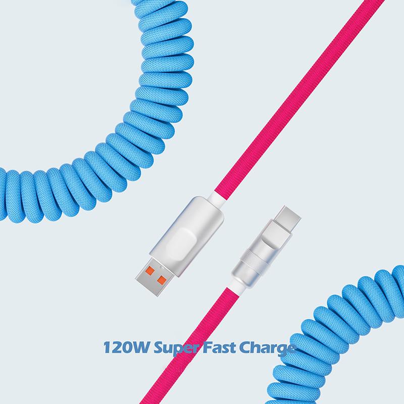 120 Вт пружинный зарядный кабель для быстрой зарядки, растягивающийся кабель для передачи данных USB-Type C, кабель для быстрой зарядки iPhone 15, Samsung, Huawei, Android