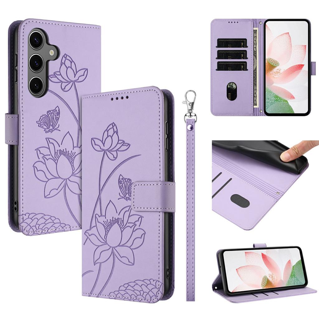 For Samsung Galaxy S25/S24 Case Wallet Stand Lotus Imprint Leather Phone Cover with Wrist Strap