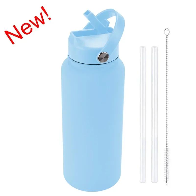 1L Sports WATER BOTTLE With Handle And Straw Stainless Steel Large Capacity Vacuum Flasks Drinkware Large Mouth GymThermos CUP