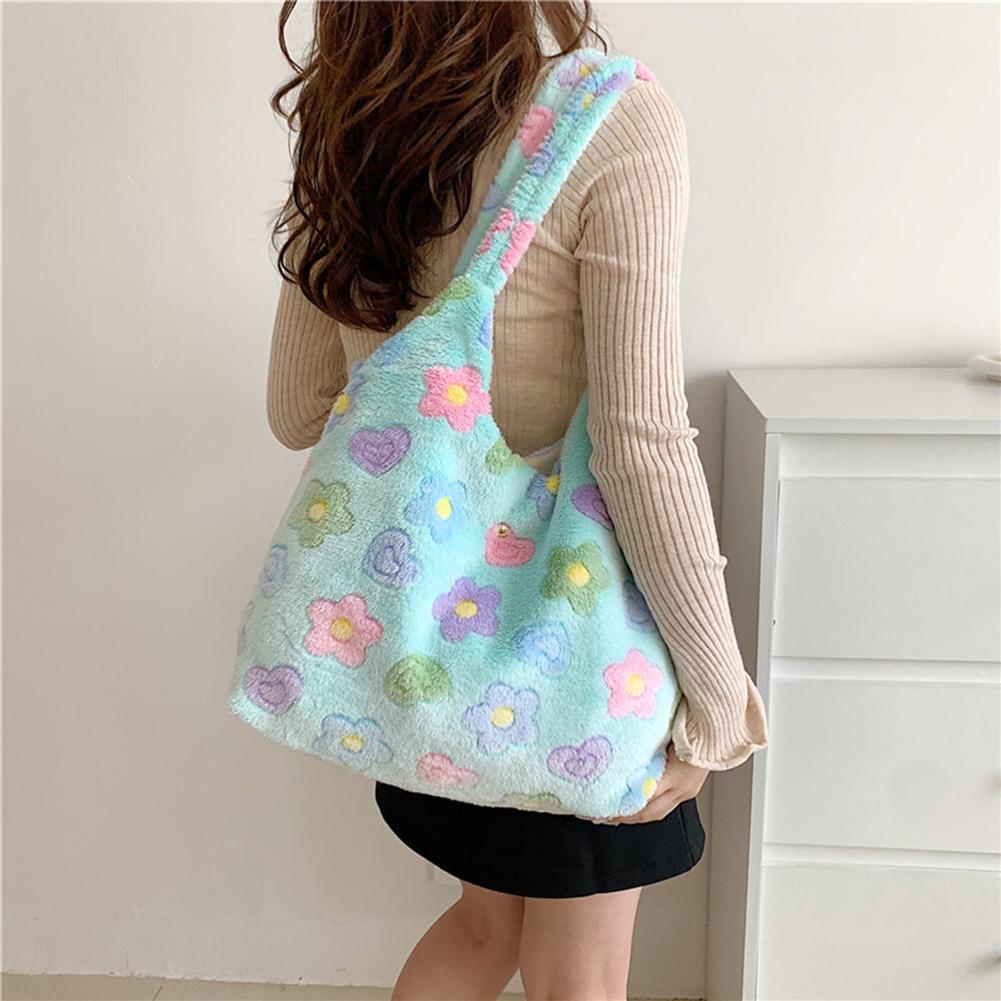 Женская милая пушистая сумка-хобо с цветочным узором, универсальная сумка для покупок, большая вместительная пушистая сумка Kawaii, мягкая зимняя сумка для девочек