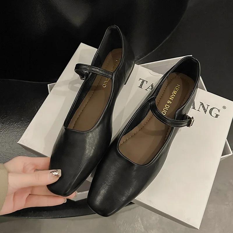 Women Flats French Square Toe Pumps Buckle Strap Mary Jane Shoes Brown Black Microfiber Leather Shoes Soft Sole Lady Work Shoes
