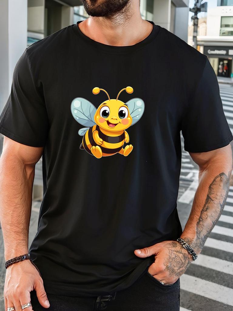 Cute Cartoon Bee Graphic Front Print Unisexs Crew Neck Short Sleeve Loose Casual Basic Summer Daily Soft Comfort Fit Wear Tee Shirt