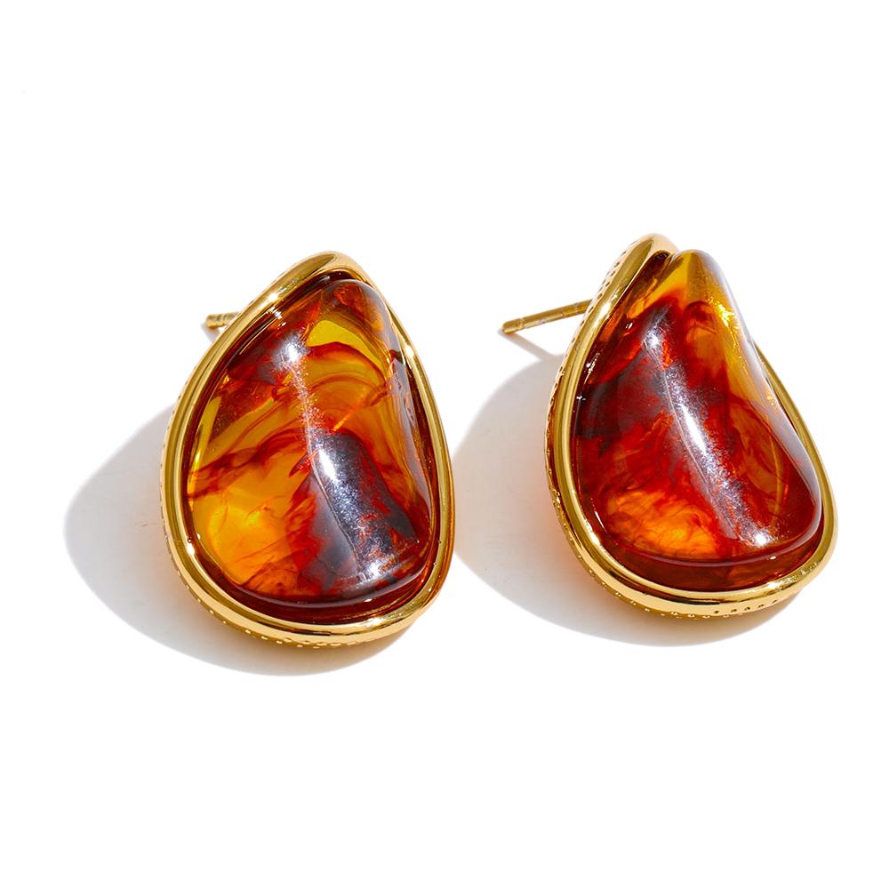 Yhpup Fashion Stainless Steel Resin Acrylic Geometric Stud Earrings Anti Allergic Golden Plated Arrivals Jewelry Amber Beige