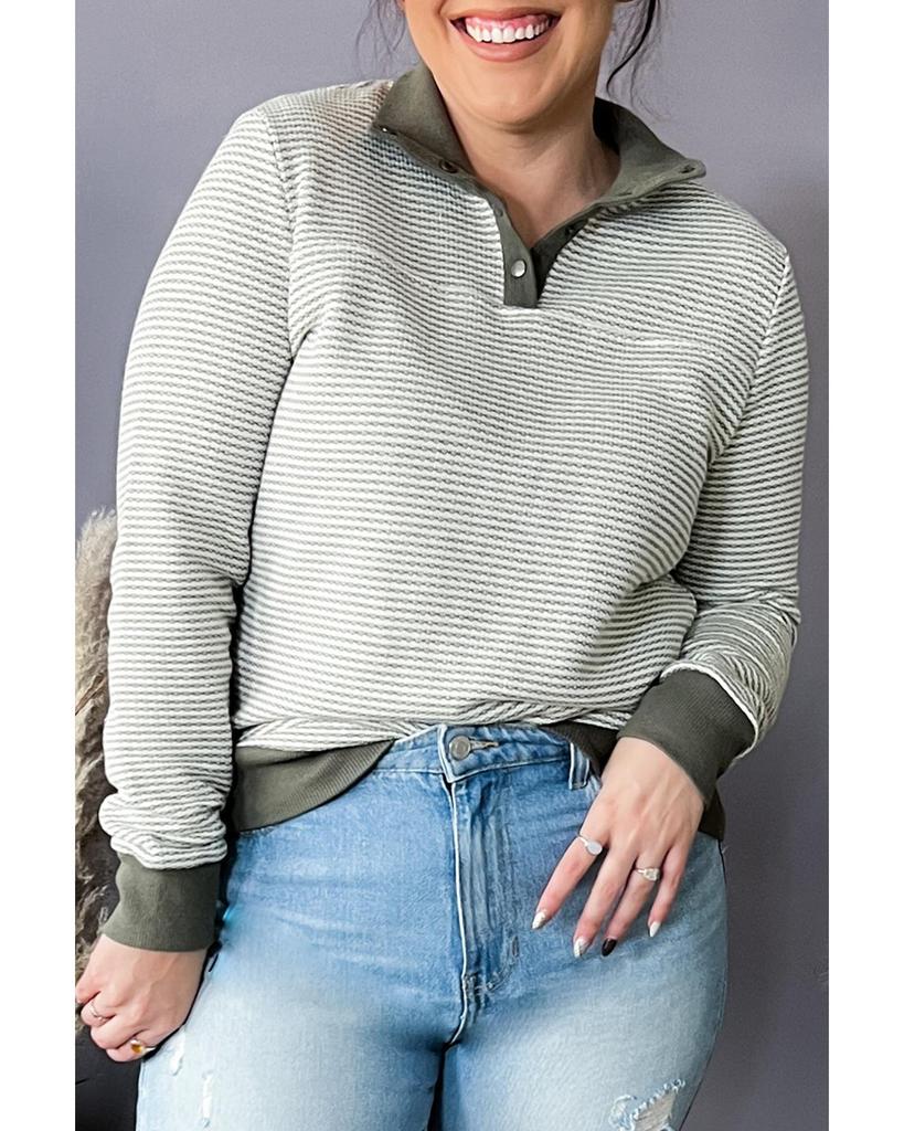 Azura Exchange Green Striped Contrasting Trim Plus Size Henley Pullover