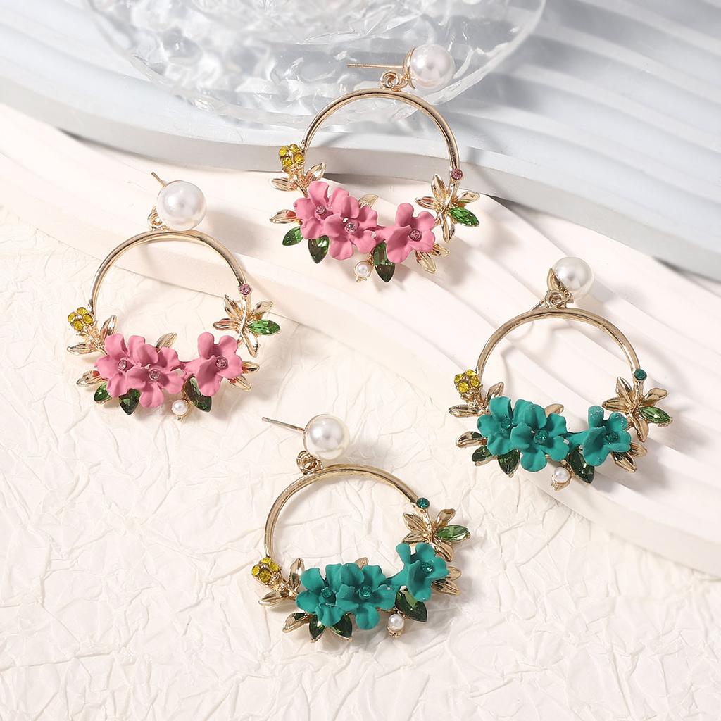 Fashionable Country Style, Sweet and Fresh, Soft Clay Flower Imitation Pearl Geometric Round Earrings, Simple and Versatile