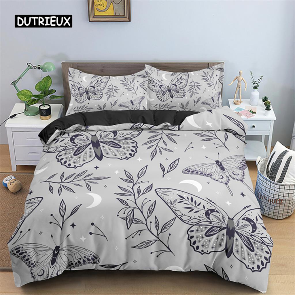 Комплект постельного белья с бабочками, полный размер King Size, хиппи, бохо, моль, пододеяльник из микрофибры, анималистичный, ботанический, психоделический, звездное небо, пододеяльник