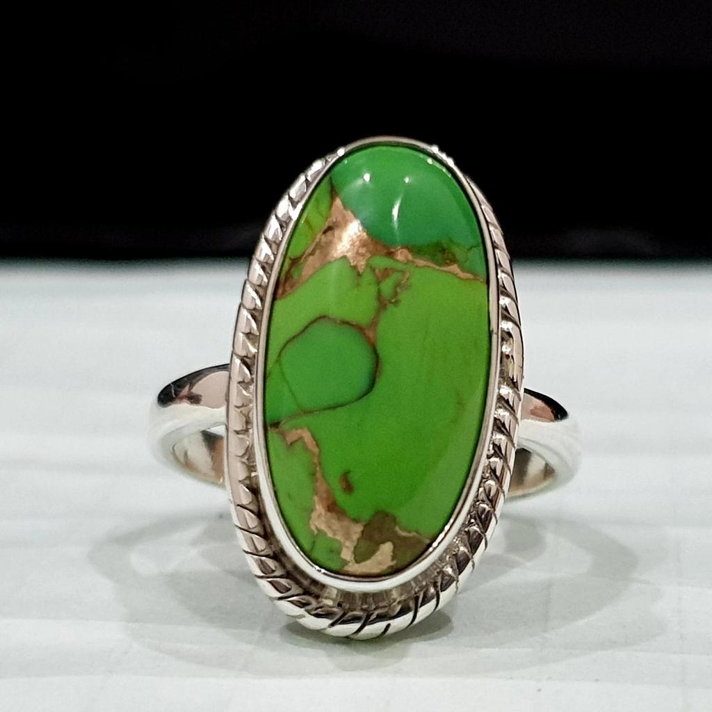 Oval Cab Green Copper Turquoise 925 Sterling Silver Ring, Handmade Artisan Gift Turquoise Ring