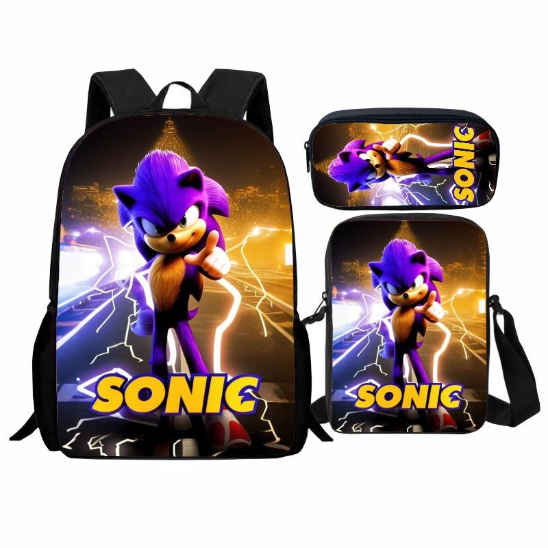 Printed Sonic Student School Bag Three-piece Set, Casual Sonic Backpack Crossbody Bag Pencil Bag Men and Women