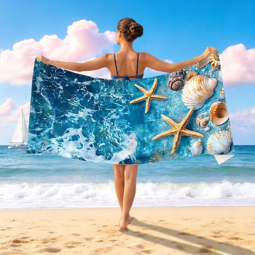 Beach Theme Beach Towel Starfish Shell Printing Microfiber Quick Drying Absorbent Large Bath Towel