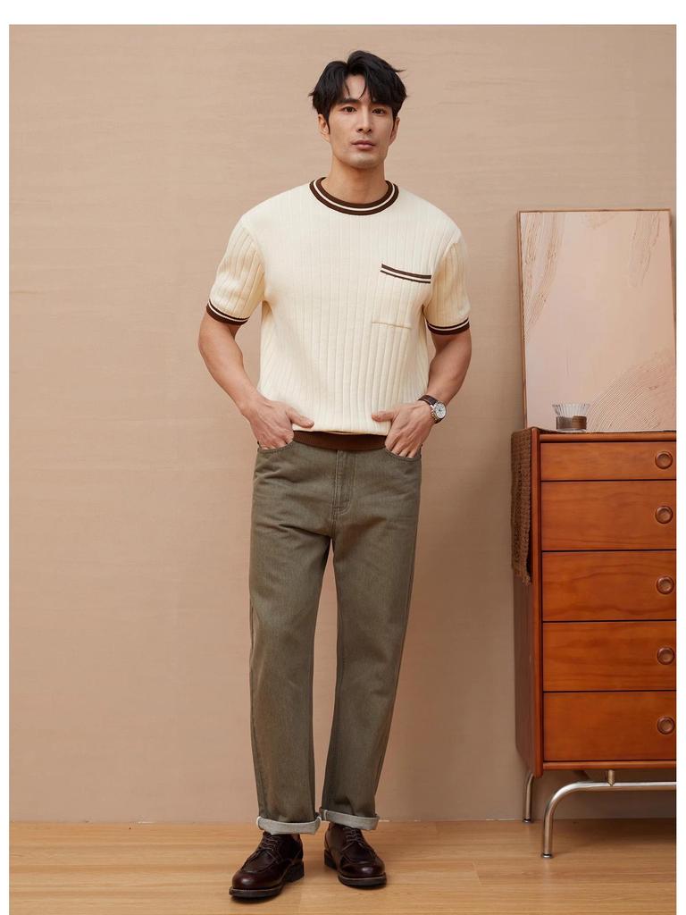 Мужская приталенная трикотажная футболка с коротким рукавом, цветными блоками и карманом - Летняя повседневная трендовая одежда