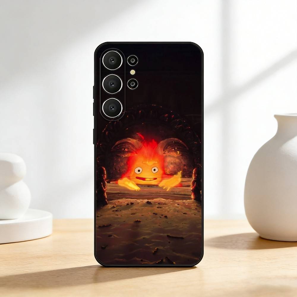 Аниме Милый Чехол-Калцифер-ЕС для Телефона Samsung S26,S25,24,23,22,30,21,10,9,Ultra,Plus,Lite,FE Мягкий Черный Чехол