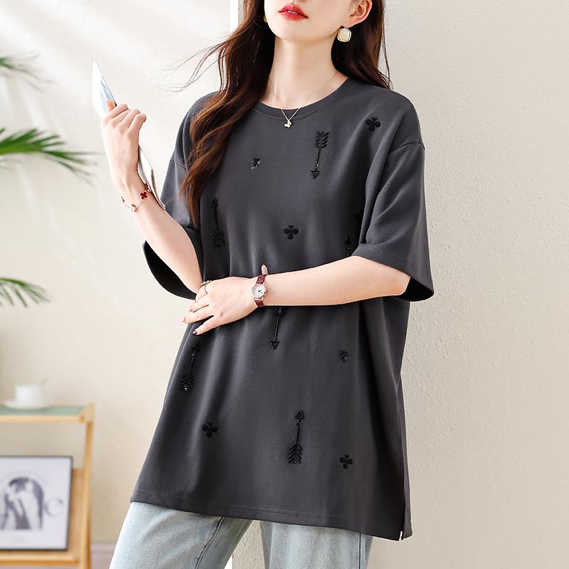 Dimanaf 2025 Новые летние футболки больших размеров для женщин с узором O-образным вырезом и коротким рукавом, свободные хлопковые топы, футболки