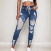 Women's Skinny Ripped Trendy Jeans Distressed Stretchy Denim Pants Elastic Waist Drawstring Denim Trousers