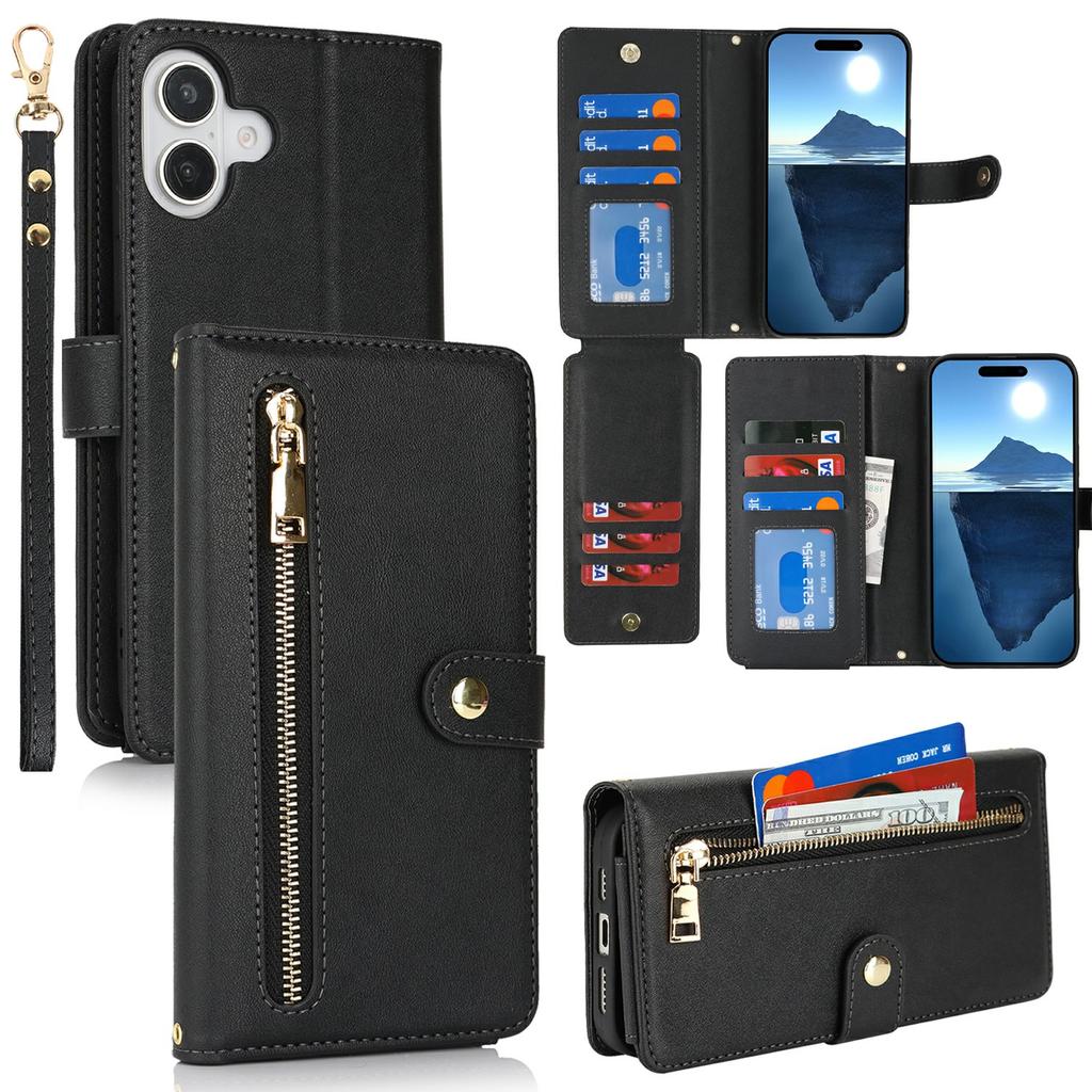 For iPhone 16 Stand Case PU Leather Phone Cover with Straps/Zipper Wallet/Multiple Card Slots