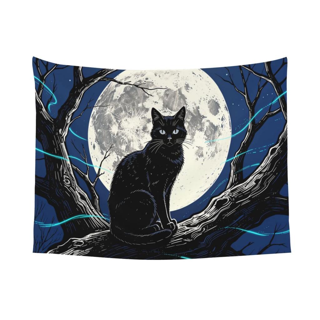 Halloween Black Cats Tapestry Wall Hanging Printed Polyester Tapestries Moon Gothic Bohemian Blanket Room Decor 95x73cm