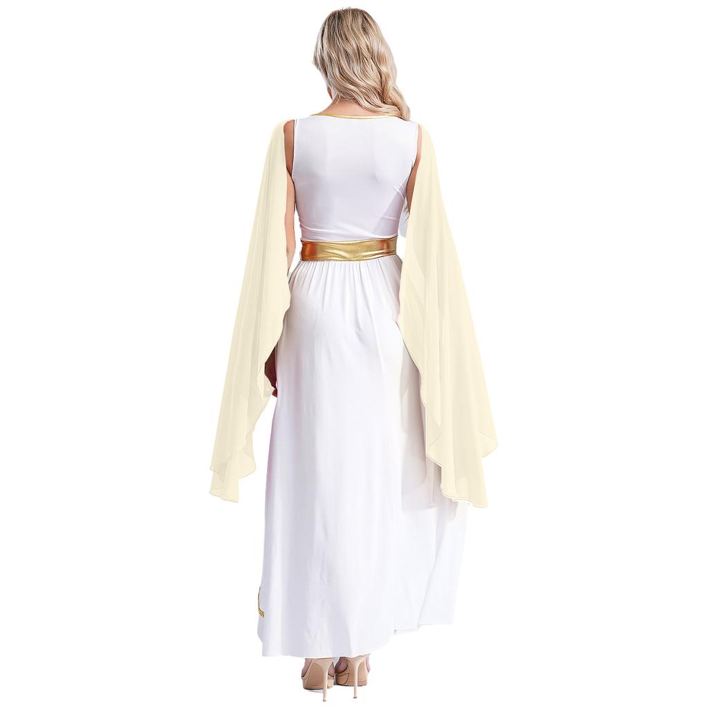 Womens Ancient Greek Beauty Dress V Neck Sleeveless Gold Trims Toga Greece Roman Queen Cosplay Costume