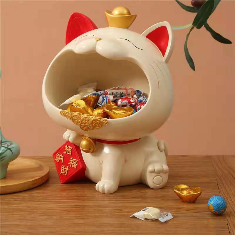 Lucky Cat Storage Tray Statue Resin Sculpture Sundries Candy Storage Box Fortune Cat Figurine Key Holder Living Room Home Decor