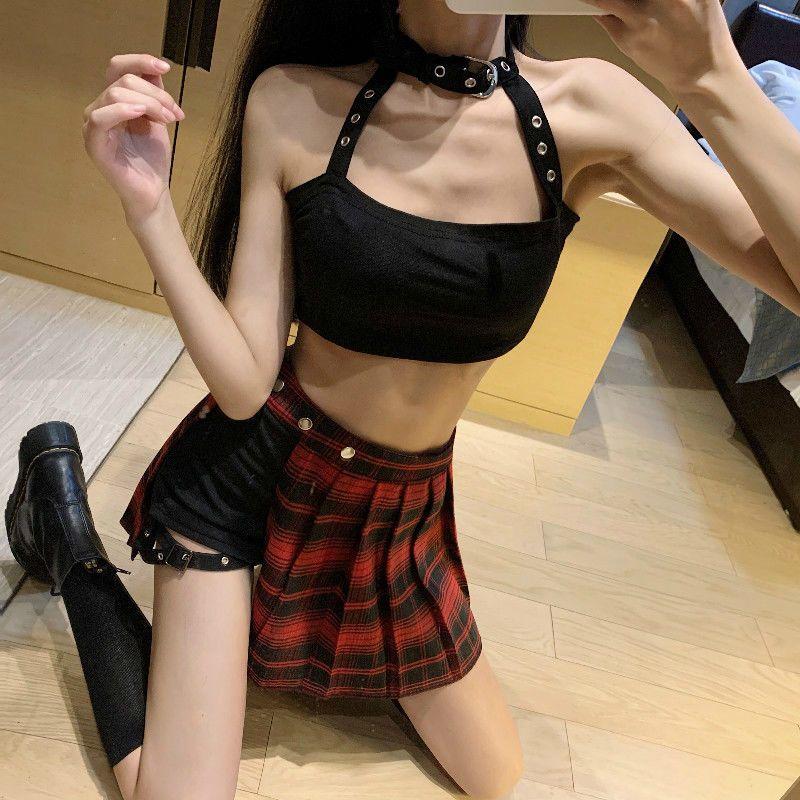 Готическая плиссированная юбка Мини-юбка в стиле панк Черная полуюбка с завязками на ногах Необычная юбка Брюки