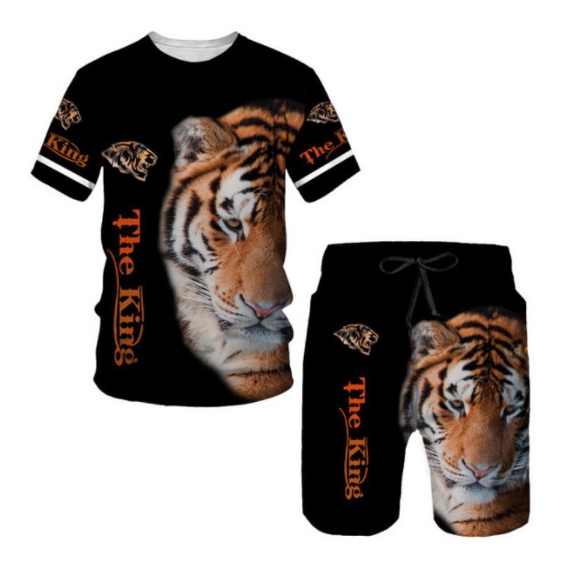 Летние мужские комплекты, шорты, наряды, футболка с коротким рукавом и принтом тигра 3D, повседневный спортивный костюм из двух частей, свободный размер, пляжная спортивная одежда