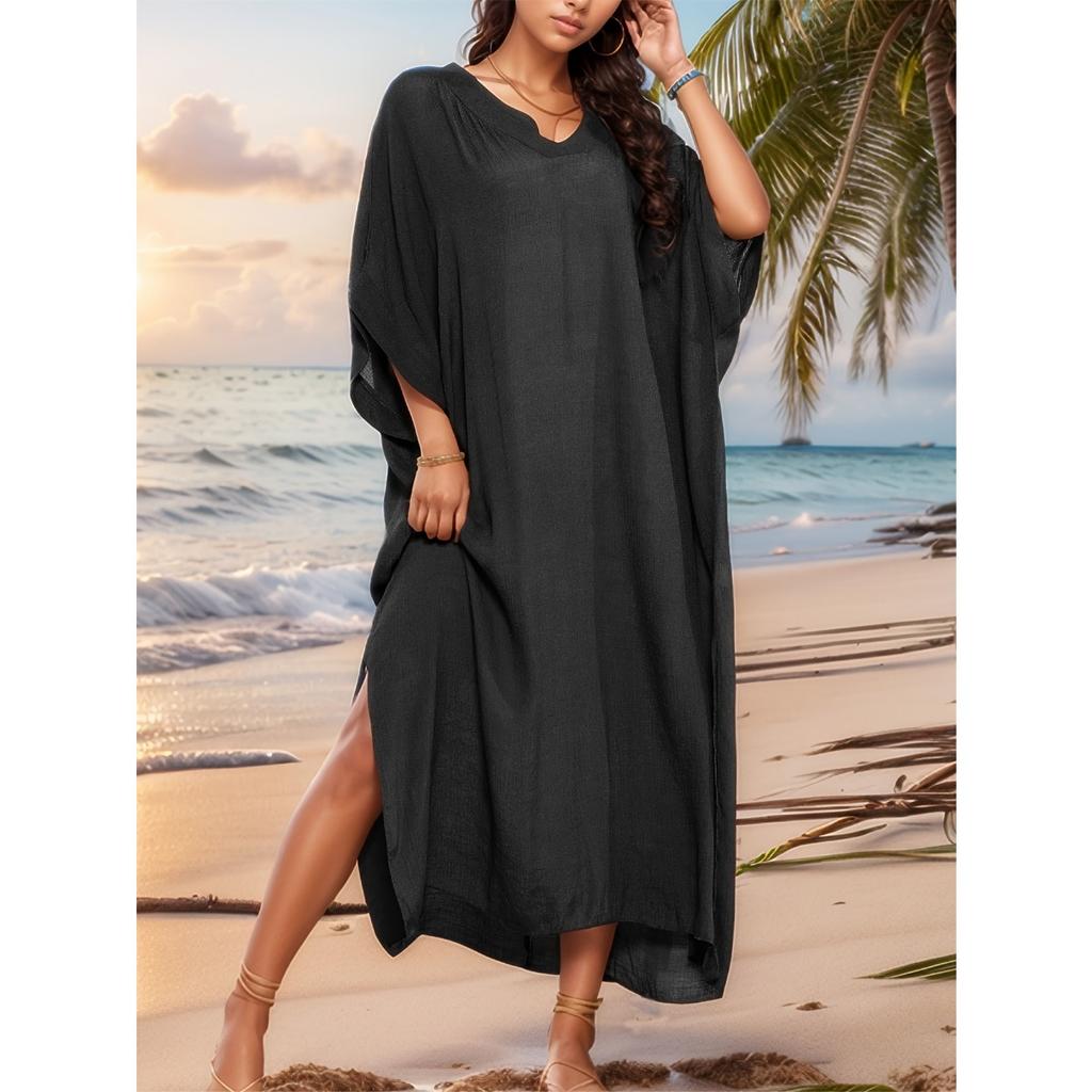 Solid Color Split Cover Up Dress, V Neck Loose Fit Half Sleeves Beach Kaftan, Women's Swimwear & Clothing