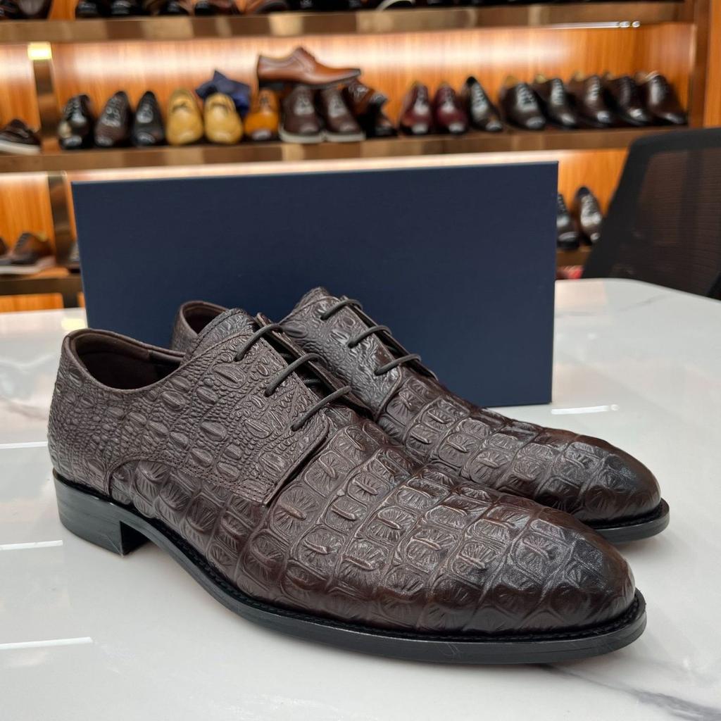 Crocodile Pattern Real Cowhide Embossed Derby Shoes Men'S Formal Business Leather Shoes Handmade Men'S Shoes