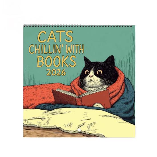 Cats Chillin' with Book 2026 Wall Calendar Funny Cat-Themed 12 Monthly Planner Spiral-Bound Wall Hanging Calendar for Cat Lovers Bookish Gift