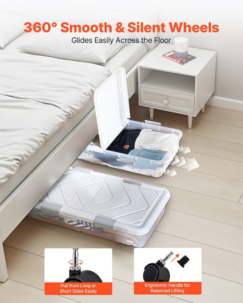Under Bed Storage with Wheels, 805 x 396 x 175 mm Underbed Containers, Underbed Shoes Organizer with Lid and Gray Latch, Rolling Under the Bed Storage