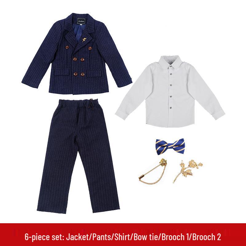 British Style Double-Breasted Boys' Three-Piece Striped Suit Set for Spring and Autumn