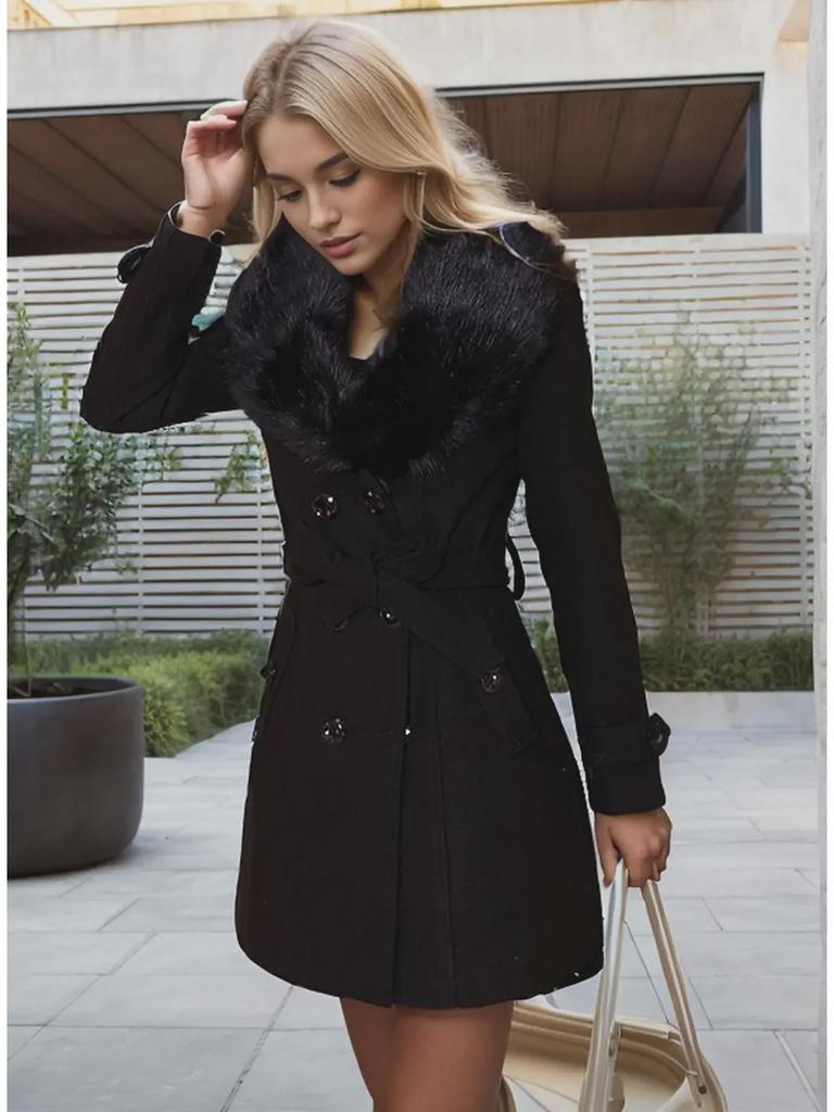 Женское шерстяное зимнее пальто средней длины с большим меховым воротником - европейский размер
