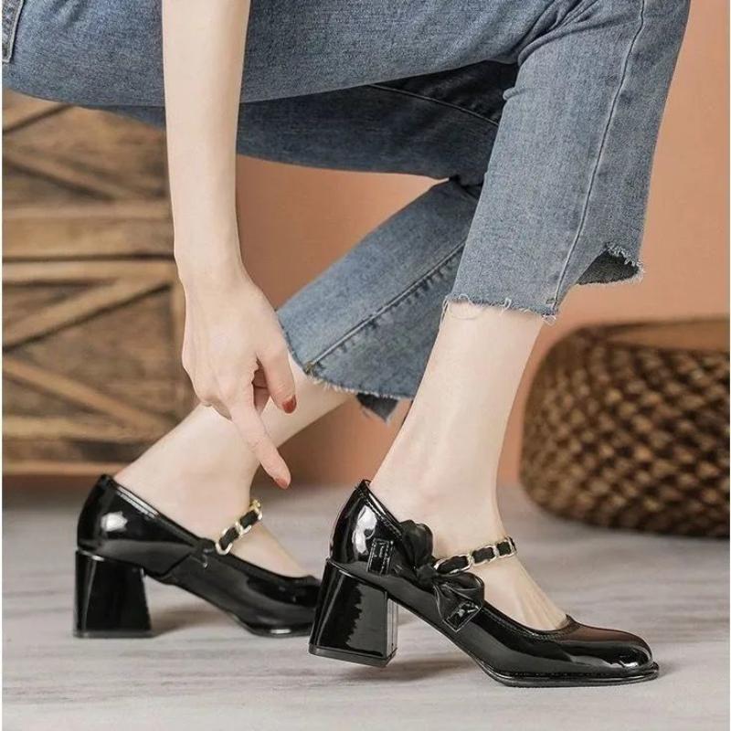 Туфли на толстом каблуке, женские, весна 2024, новые женские туфли Мэри Джейн из лакированной кожи, универсальные туфли на каблуке с неглубоким носком