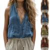 Ladies Casual Loose Fashion Sleeveless Cotton Linen Solid Color V-neck Pocket Vest Shirt