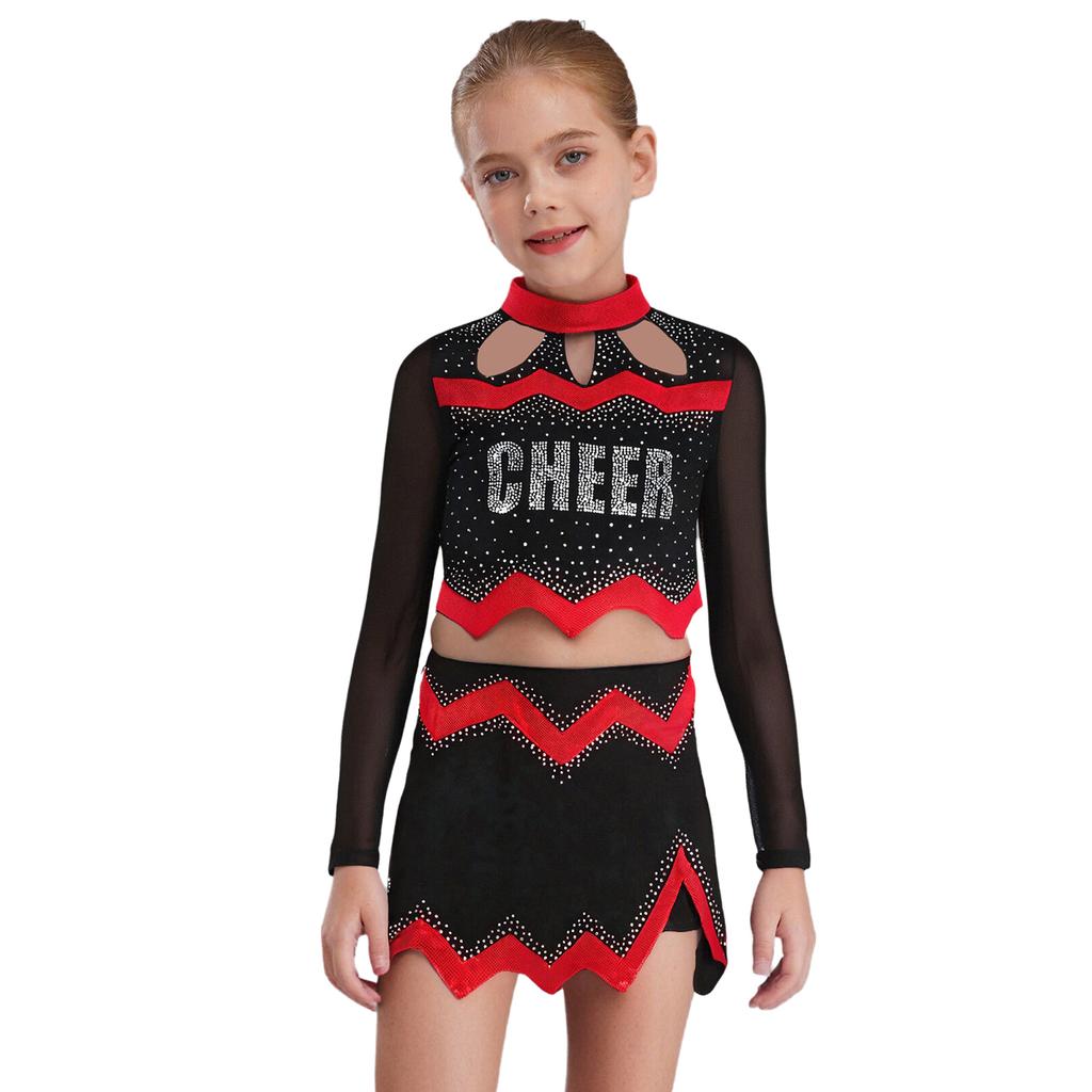 Girls Cheerleader Uniform Long Sleeve Crop Top Hollow Out Design Rhinestone Details Matching Dance Skirt Outfit