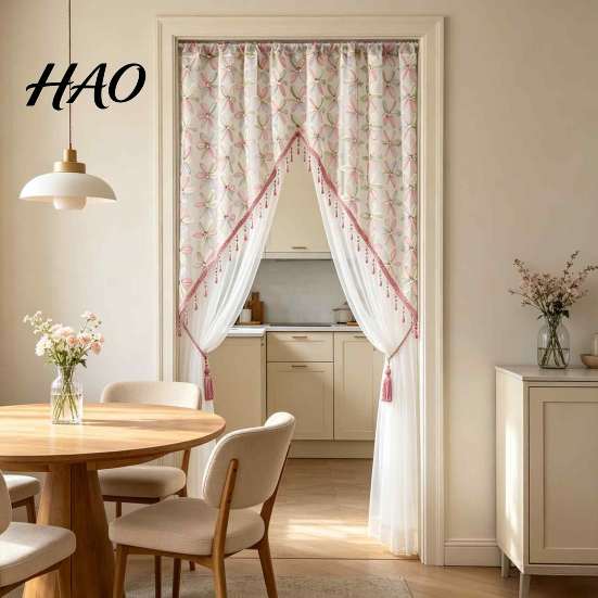 Nail Free Installation Door Curtains Sheer Floral Curtain with Beads, Lace Embroidered Gauze Room Dreamy Hazy Light Divider, Rod Pocket Doorway