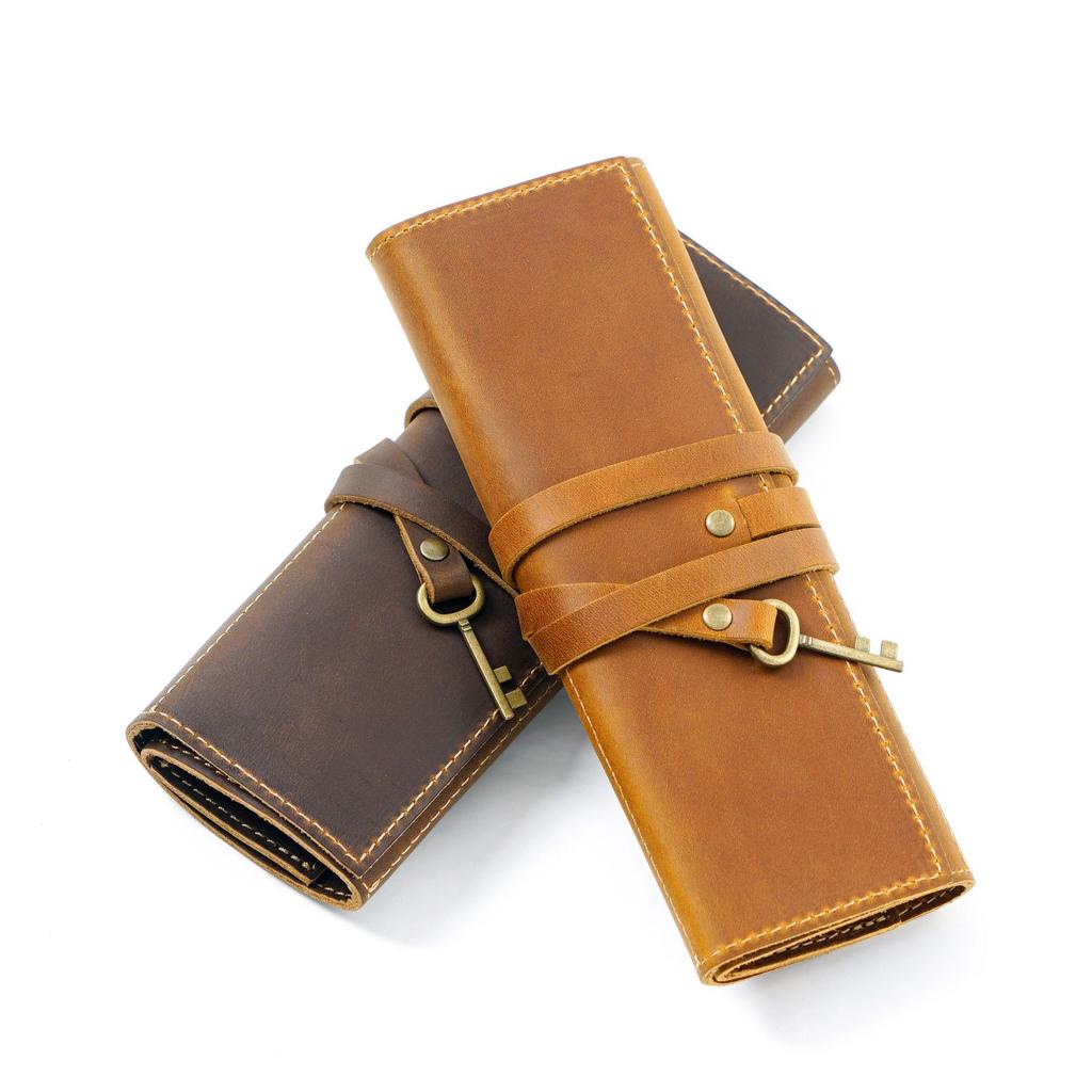 Vintage Foldable Brush Roll Pencil Cases Durable Crazy Horse Cow Leather Pen Organizer Fountain Pen Pouch Holder Zipper Closure