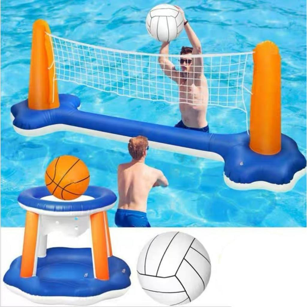 Inflatable Pool Volleyball Net Set with Basketball Hoop, Volleyball Net & Basketball Hoop,2-in-1 Floating Water Games for Adults,Backyard Water Sports